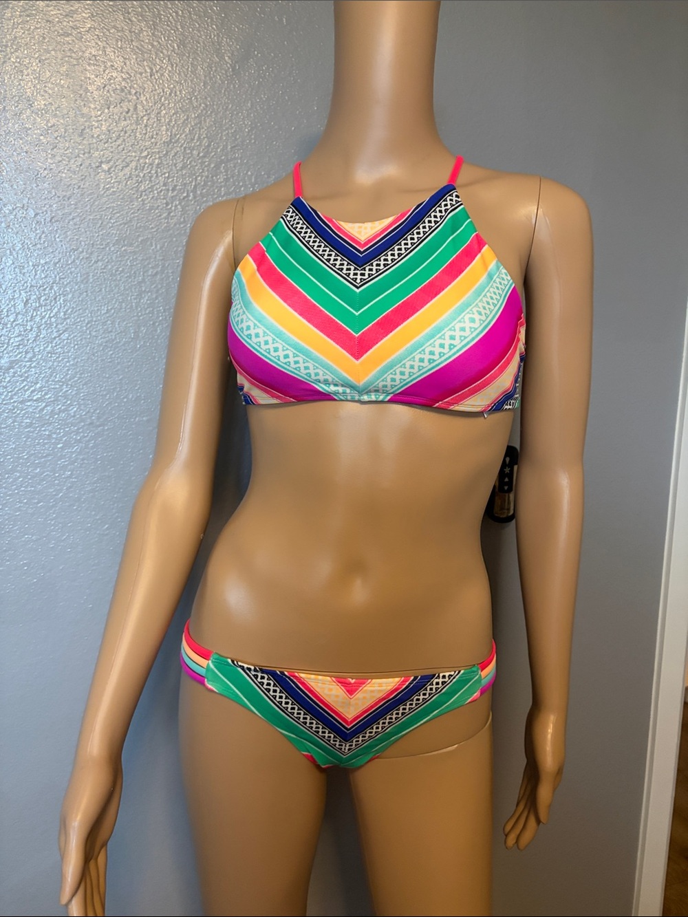 Body Glove High-Neck Chevron Bikini in Green, Pink, Yellow & Blue